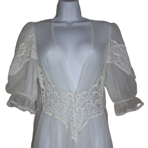 Vtg Val Mode Ivory Sheer Lace Mesh Maxi Negligee Robe S Bridal Old Hollywood - Picture 2 of 10